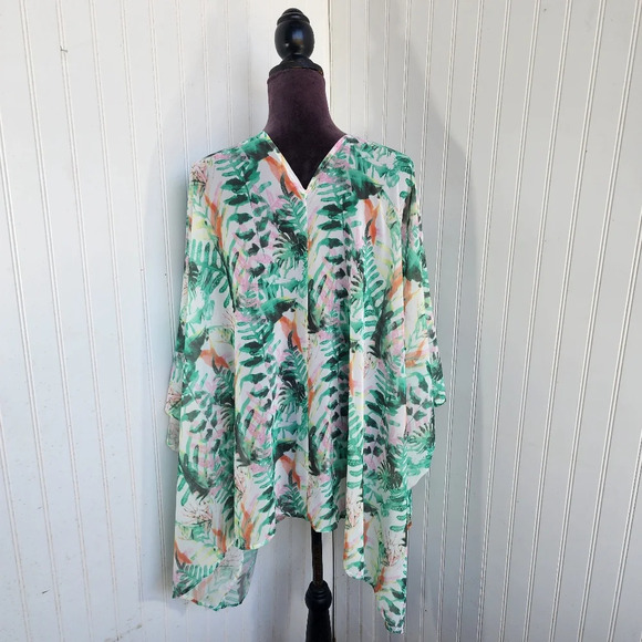 Nina Leonard Top Womens Open Front Sheer Tropical Floral Green Blouse Cover OS - Picture 7 of 10